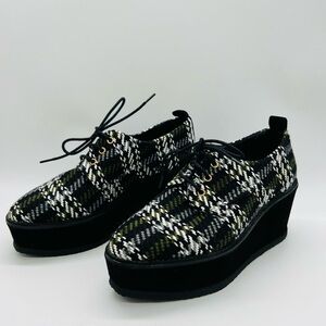 Castaner Black & White Plaid Wedge Lace-Up Shoes